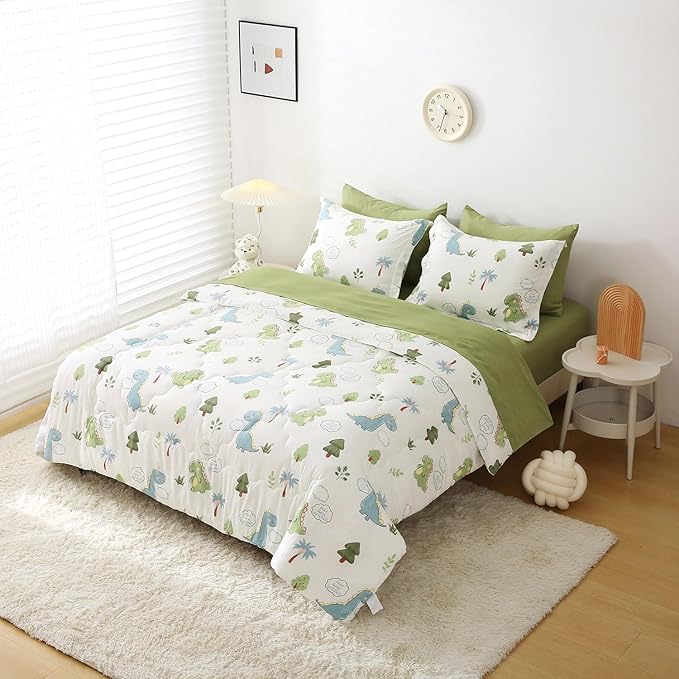 Wajade Kids Dinosaurs Comforter Set Bed in A Bag Full Size 7 Piece Cute Green Dinosaur Jungle Bedding Set for Girls Boys (1 Comforter, 1 Flat Sheet, 1 Fitted Sheet, 2 Pillowcase and 2 Pillow Sham)