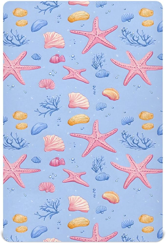 Baby Crib Sheets Fitted Crib Sheet Standard Crib and Toddler Mattress for Boys Girls 39 * 27in Pink Starfish Shell Pattern (Pink Starfish Shell Pattern, Medium)