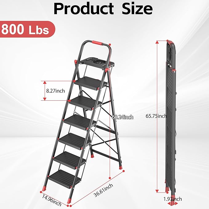 6 Step Foldable Step Ladder with Mutifunctional Tool Tray, Platform Ladders Stepstools, Step Stool 6 Step Folding with Non-Slip Pedals, 800lbs Bearing Capacity for Adults, Home, Kitchen, Black Red