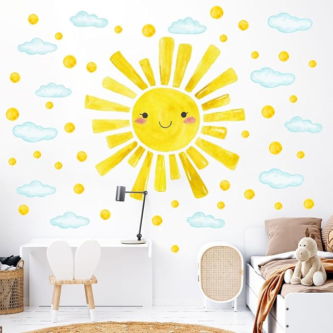Eutecado Watercolor Large Sun Wall Decals Cloud Polka Dots Wall Stickers for Kids Room, 12 Sheets Lovely Smile Sun Wall Decor Stickers Peel and Stick Wall Decorations Stickers for Bedroom Nursery
