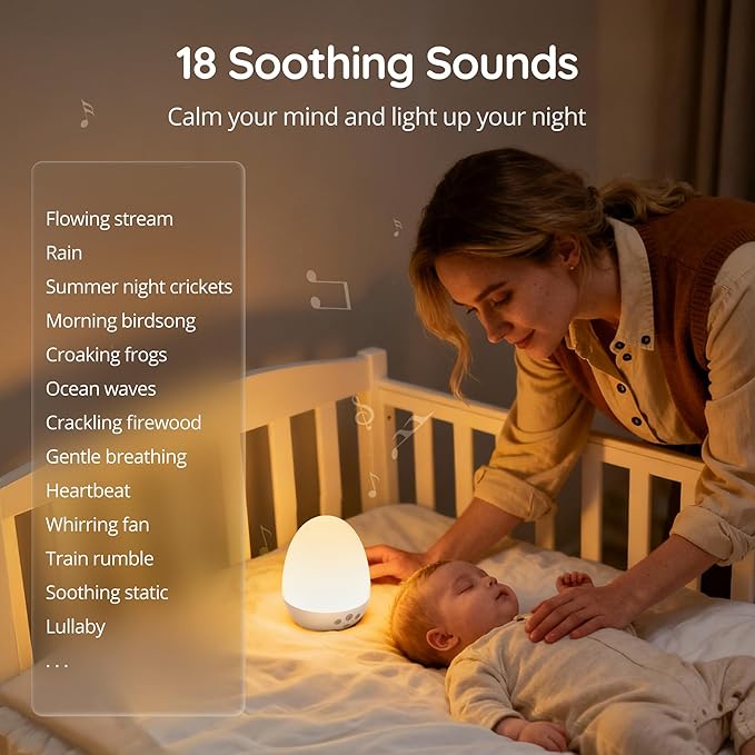 JolyWell Night Light for Kids, Baby Night Light with Sound Machine, RGB Egg Night Light for Nursery, Stepless Dimming, Touch Control, Night Lamp for Kids Bedroom, Safe & Harmless, Eye-Caring
