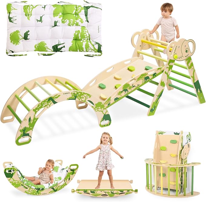 wingyz 8-in-1 Pikler Triangle Set with Cushion-Foldable Baby Climbing Toys with Arch, Ramp & Ladder | Montessori Toddler Climber Indoor Jungle Gym for 1-3 Year Olds (Green)