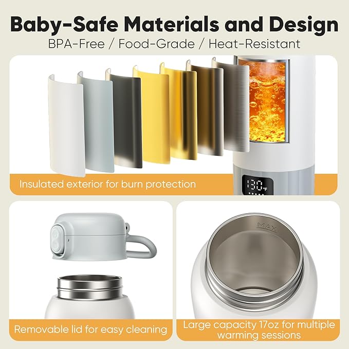 Portable Bottle Warmer for Travel, 17 Ounces Milk Warmer On The Go, Fast Heating for Breast Milk, Formula, Water, Temp Control 98°F -131°F, Baby Essentials for Outdoor Airplane Car Journey