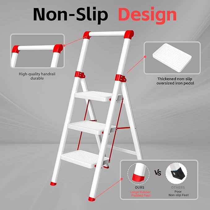 3 Step Ladder, DIAMONDFORGE Folding Step Stool with Wide Anti-Slip Pedal, Anti-Slip Feet and Handgrip, Sturdiest Steel Construction, Steel Ladder for Home, White Red