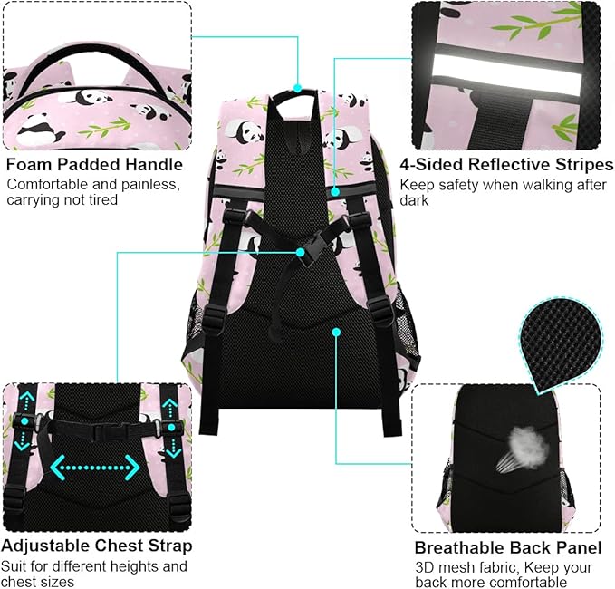 MNSRUU School Backpack with Chest Strap, Animal Cute Panda Bear Laptop Backpack, Travel Hiking Backpack for Boys Girls, Rucksack, Knapsack One Size