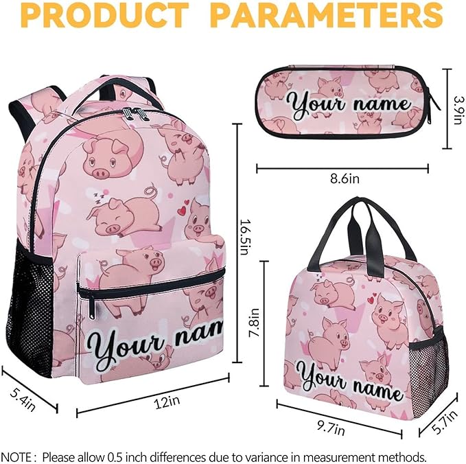 AIOMXZZ Personalized Pig Backpack with Lunch Box and Pencil Case, 16 Inch Cute Pig Bookbag Durable, Lightweight, Large Capacity, Funny Animal Backpack for School Girls Kids Women