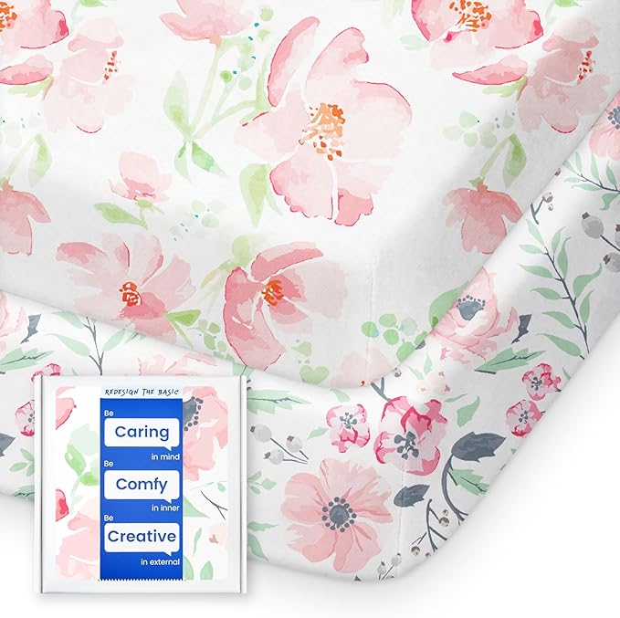 Pack N Play Sheets Girl, TotBasic Floral Mini Crib Sheets Fitted, Premium Jersey Knit Pack and Play Sheets, Stretchy Play Yard Sheets for Pack and Play Mattress, 2 Pack (Pink Floral)