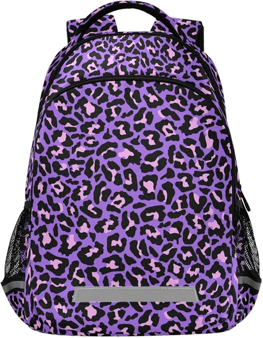 MNSRUU School Backpack with Chest Strap, Neon Purple And Pink Leopard Laptop Backpack, Travel Hiking Backpack for Boys Girls, Rucksack, Knapsack