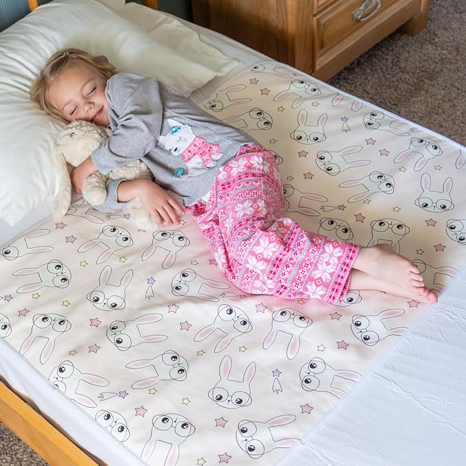 Tuckable Side Bed Wetting Pads Toddlers, Reusable Washable Waterproof Baby Potty Training Pee Pads Sheet Protector Kids, 5 Absorbent Layers, Exclusive No-Slip, 39"x 29" Fits Twin Pink Bunny Print