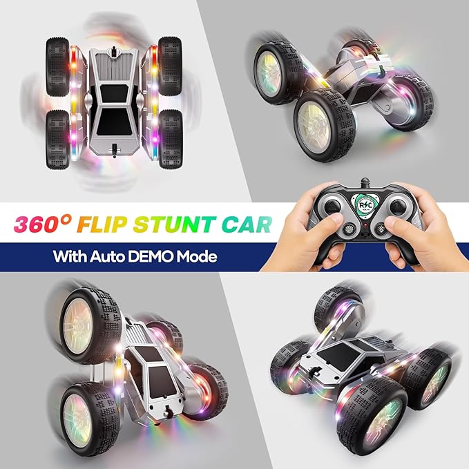 WayEee Remote Control Car for Boys 4-7, 360° Flips Rotating RC Stunt Car with Type-C Charging and LED Lights Strips, 2.4 GHZ Double Sided All Terrain 4WD RC Cars for Girl Boys Christmas Birthday Gift