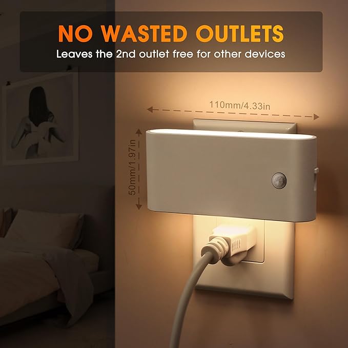 LED Night Light Motion Sensor 2 Pack, Motion Activation Night Lights Plug into Wall, Auto On Off, 0-100LM Dimmable Night Light Plug in, 3000K Warm White LED Nightlight for Kids Bedroom Hallway