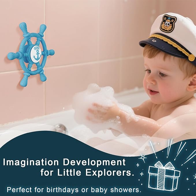 Bathtub Suction Spinner Toys - Silicone Bath & High Chair Sensory Toy for Babies & Toddlers, Novelty Spinners with Suction Cup, Car Window Travel Toys (Ship Steering Wheel Toy - Bubble Blue)