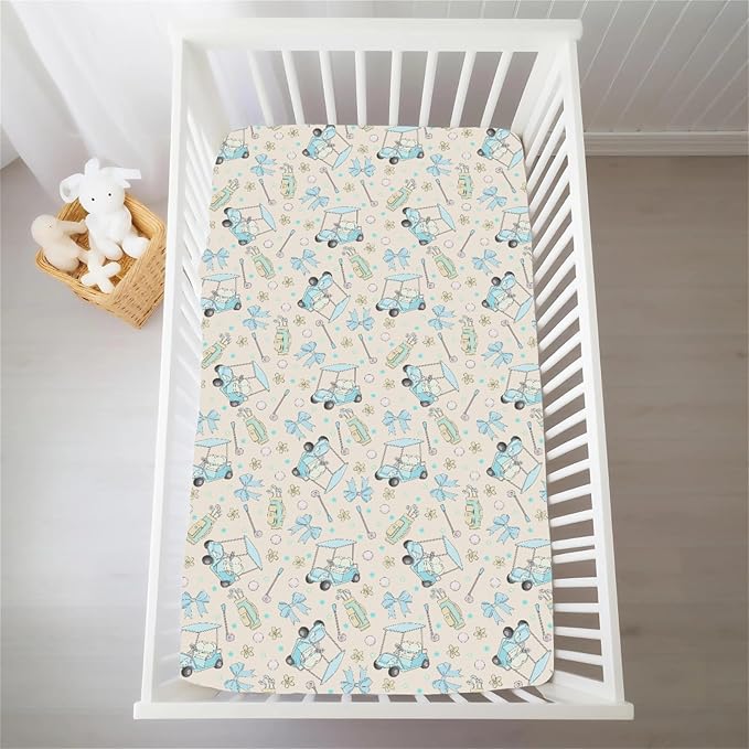 Girly Golf Stripes Bows Floral Baby Crib Sheets for Girls Pastel Blue Golfing Soft Snug Fitted Crib Mattress Covers for 52''x28'' Standard Crib & Toddler Mattress Preppy Girl Sports Nursery Bed Sheets