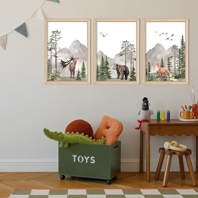 YWJKWLGS Wild Woodland Animals Nursery Wall Art Decor 11"×16" Set of 3 Jungle Theme Safari Forest Deer Bear Fox Posters Wood Framed Sign for Children's Boys Girls Room Watercolor Prints Hanging (Wood)