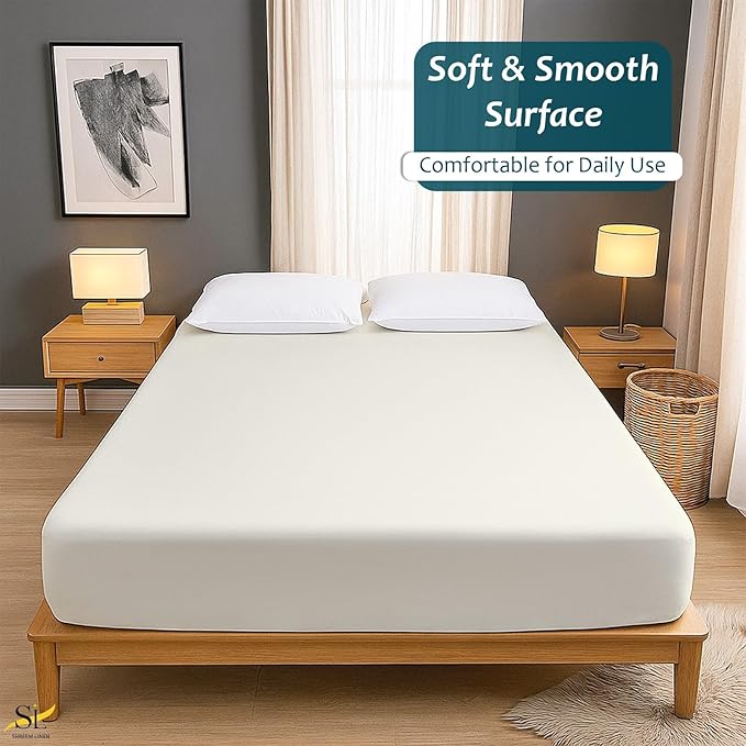 Queen Mattress Protector Fitted Sheet Style - Waterproof Vinyl Mattress Cover, Breathable, Bed Wetting & Spill Protection, Fits Mattresses up to 11.5" Deep (Ivory)