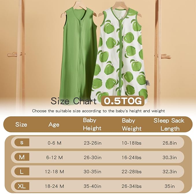 TILLYOU 2 Pack Baby Sleep Sack 12-18 Months 100% Cotton Wearable Blanket 0.5 TOG Sleeveless Summer Sleep Sacks with 2-Way Zipper, Green Apple & Fruit Green