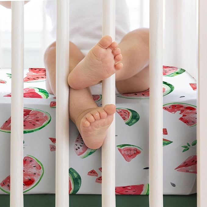 Watercolor Watermelon Baby Crib Sheet 52''x28'' Watermelon Leaves Stretchy Fitted Crib Mattress Cover for Boy Girl Tropical Summer Fruits Soft Nursery Bed Sheet for Standard Crib and Toddler Mattress