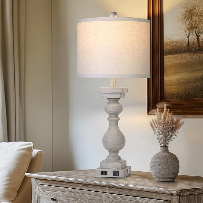 MOUVOVO 28" Tall Farmhouse Table Lamps Set of 2 with USB C+A Ports and AC Outlet, 3 Way Touch Tall Rustic Bedside Lamps for Living Room, Grey Vintage Lamps for Bedroom
