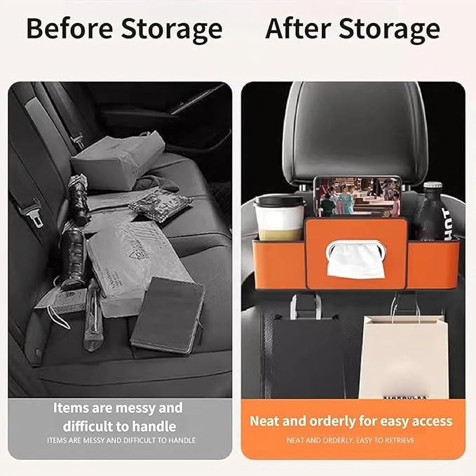 Car Organizer With Tissue Holder, Car Organizer & Storage Box, 5-in-1 Car Organizer Back of Seat, 2 Deep Cup Holders, Tissue Box Holder, Phone & Bag Hooks Zoning Storage (Beige-A)