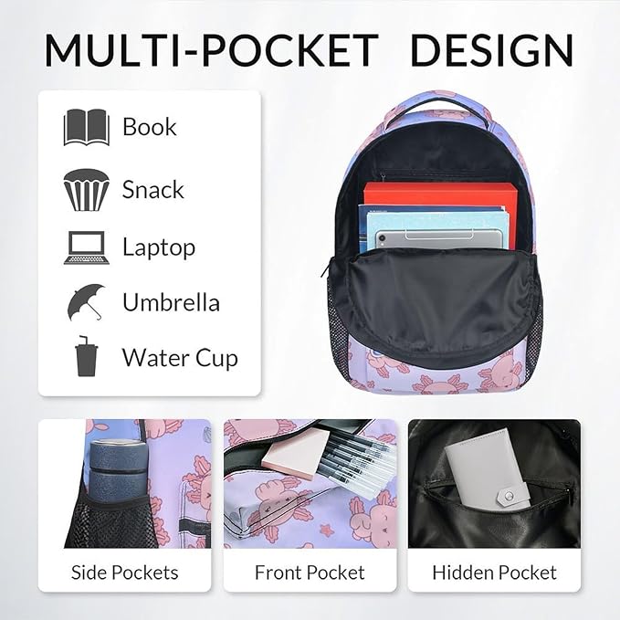 COZYAURA Personalized Backpacks for Girls - 3Pcs Cute Bookbag for Kids - Axolotl School Bag for Girls - Kids Backpacks with Lunch Box Pencil Case Set