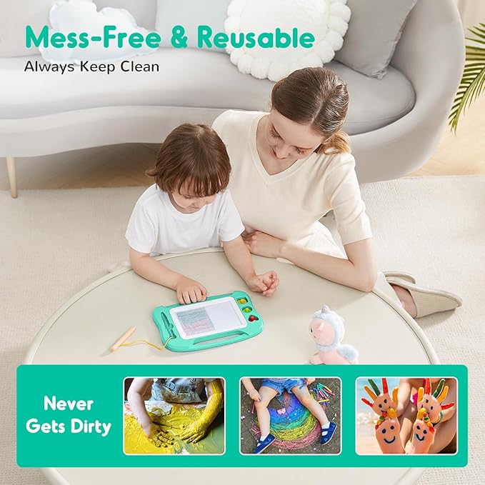 SGILE Magnetic Drawing Board for Kids, Toddlers Toys for 1 2 3 4 Year Old, Etch & Sketch Pad with 4 Stamps, Learning and Educational Toys for Boys Girls Gift, 25 x 18 CM (10 × 7 in), Green