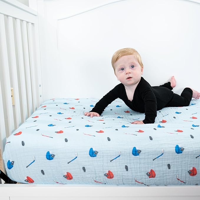 LollyBanks Muslin Crib Sheets 2 Pack, 100% Cotton Soft and Breathable Crib Fitted Sheet for Standard 52"x28" Mattress, Cozy and Snug Baby Bed Sheets, Baby Boy Essentials (Ice Hockey and Hat Print)