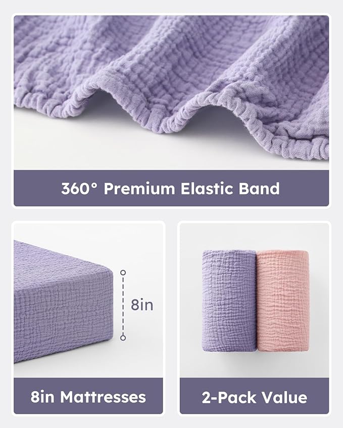 Muslin Crib Sheets for Boys Girls, 100% Cotton Fitted Crib Sheet 2 Pack for Standard Crib and Toddler Mattress, Breathable Soft Baby Sheet 28x52x8in Pink & Purple