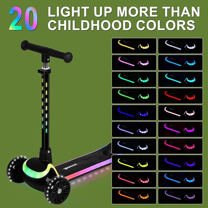 Light-Up Scooter for Kids 3-8,20 Dynamic Light Patterns for Evening Play Safety - Lean-to-Steer Kick Scooter with Adjustable Handlebar (Grows with Child) - Gift for Boys & Girls