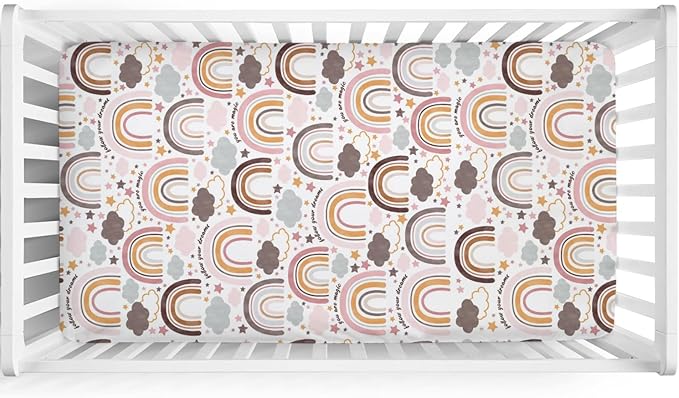 Colorful Boho Rainbow Baby Crib Sheet 52''x28'' Cute Rainbow Clouds Stars Fitted Crib Mattress Cover for Boy Girl Soft Bed Sheet for Standard Size Crib and Toddler Mattresses