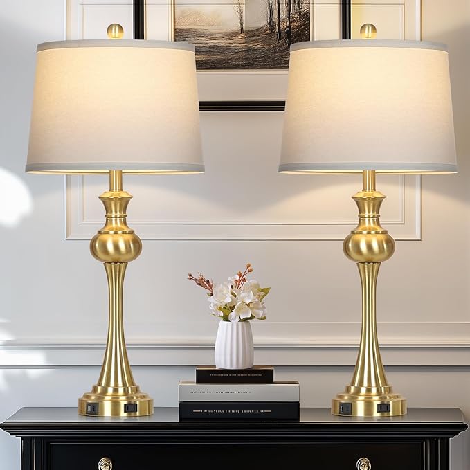 Cinyirong 28.75" Gold Table Lamps for Living Room,Touch Lamps for Bedrooms Set of 2 - Nightstand Table Lamp with USB C+A, 3 Way Dimmable Bedside Lamps End Tables, Antique Brass