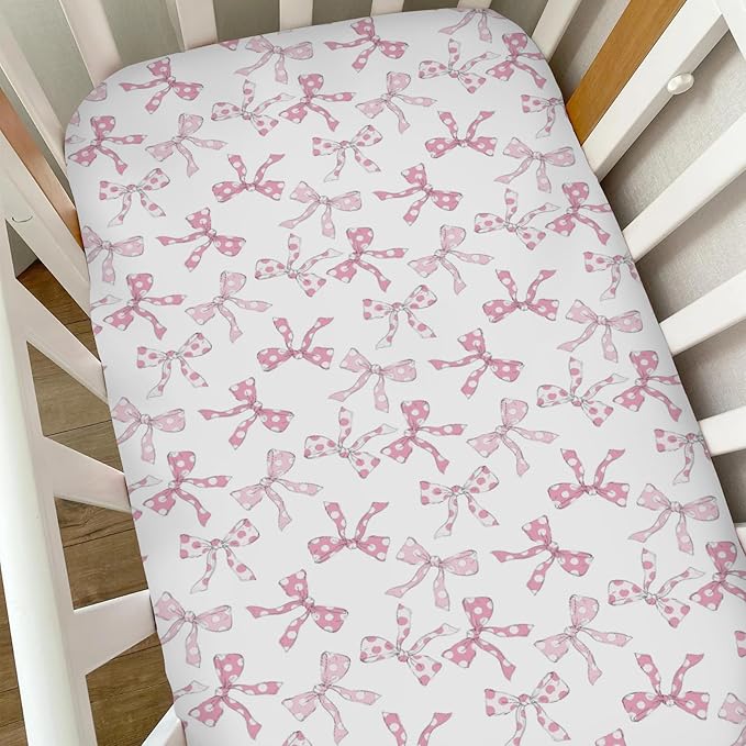 Pink Dot Bows Baby Crib Sheets for Girls Sweet Girly Bows Soft Stretchy Fitted Crib Mattress Covers for 52''x28'' Standard Crib & Toddler Bed Mattress Cute Pastel Ribbon Valentine Baby Sheets