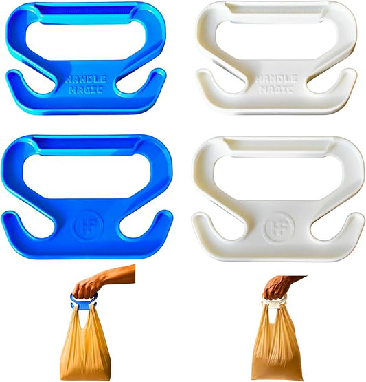 Handle Magic (4 Units) Bag Carriers | Ergonomic Grip and Bag Holder | Pocket Size | Lightweight & Comfortable for Shopping & Travel - Made in USA (White Blue)