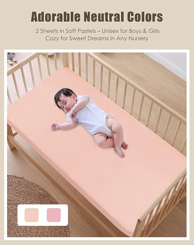 SWEET DOLPHIN 2-Pack Muslin Crib Sheets for Boys & Girls, Ultra Soft Breathable 40S Long-Staple Cotton Fitted Baby Sheets for Standard Crib Mattress 52"x28", Light Sakura- Nursery Essentials