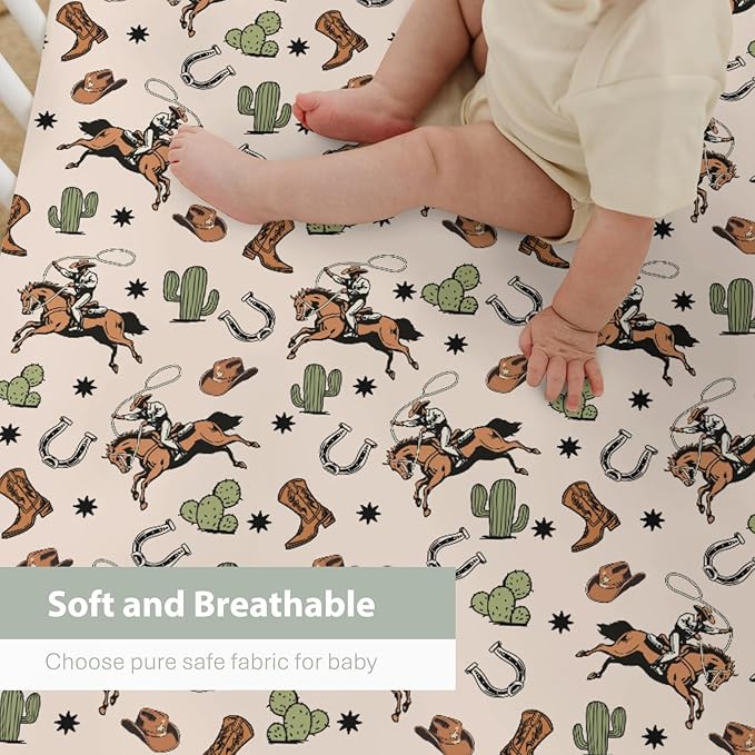 Retro Western Cowboy Baby Crib Sheets for Boy Girl 52x28Inch Cowboy Boots Hat Horse Cactus Soft Snug Fitted Crib Mattress Cover Wild West Desert Baby Sheet for Standard Crib & Toddler Mattress Pad