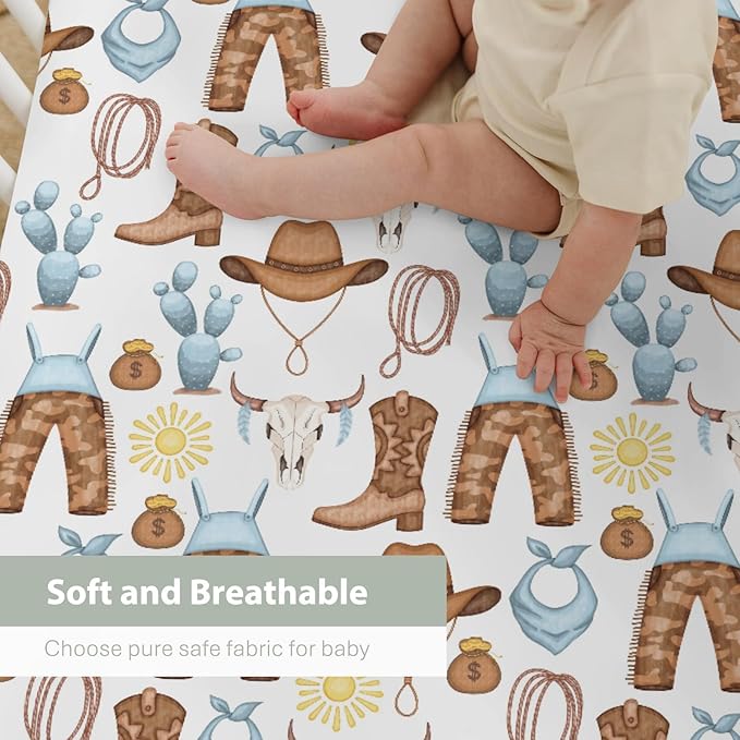 Cute Blue Western Cowboy Baby Crib Sheets for Boy 28"x52" Cowboy Boots Hat Cactus Skull Sun Soft Snug Fitted Crib Mattress Cover Wild West Desert Baby Sheet for Standard Crib & Toddler Mattress