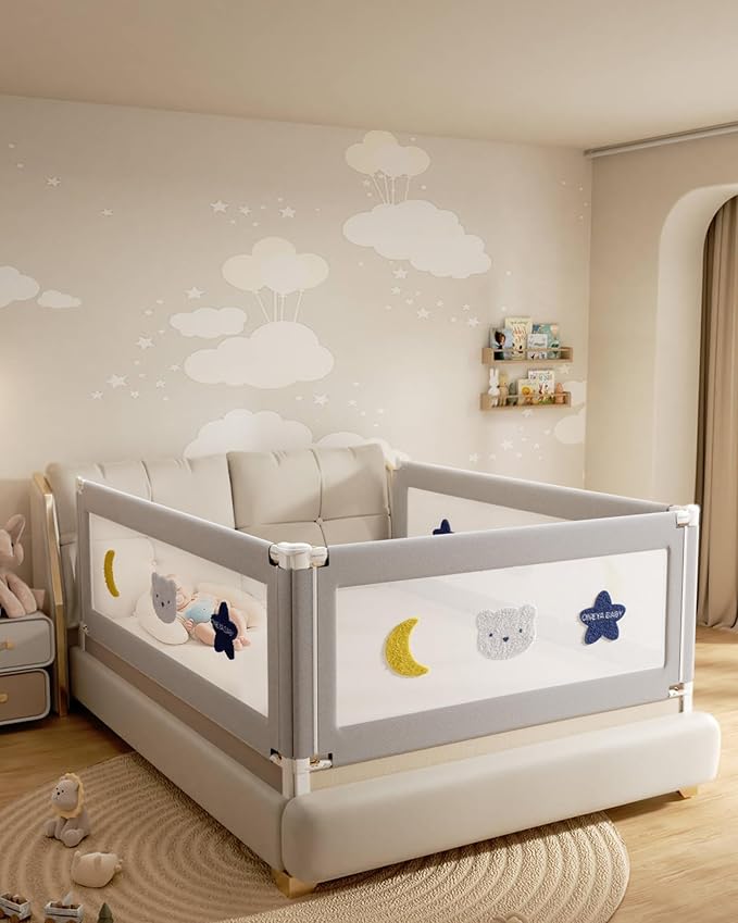 Baby Bed Rail Guard for Toddlers, Reinforced 78.7in Toddler Bed Rails for Queen, King Bed with Height Adjustable, Extral Tall Child Safety Side Railing Guards/Bedrail for Kids,Grey Star, 1 Side