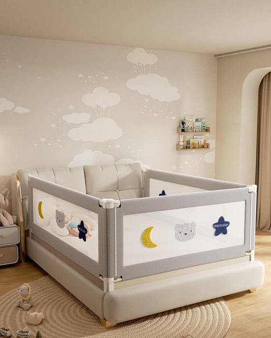 Baby Bed Rail Guard for Toddlers, Reinforced 78.7in Toddler Bed Rails for Queen, King Bed with Height Adjustable, Extral Tall Child Safety Side Railing Guards/Bedrail for Kids,Grey Star, 1 Side