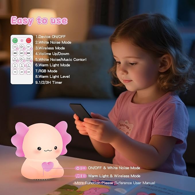 ICARER FAMILY Axolotl Night Light with Sound Machine, Pink Silicone Touch Lamp, Wireless Speaker, Remote Control, Soft Touch, Baby Room Lamp