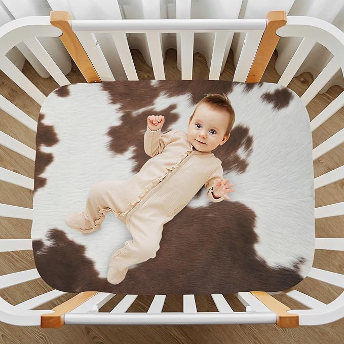 Fitted Crib Sheets for Baby Boys or Girls Soft Breathable Baby Play Yard Sheet for Standard Size Crib Mattress 52x28in Western Cow Skin Texture