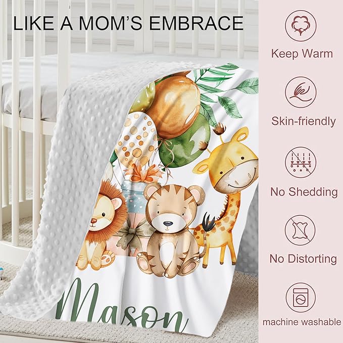 Personalized Baby Crib Bedding Set, Custom Name Lion Giraffe Baby Bedding 2-Pcs Set - Soft Double Layer Dotted Blanket and Fitted Sheet, Nursery Bedding for Newborn Boys Girls, Perfect Shower Gift