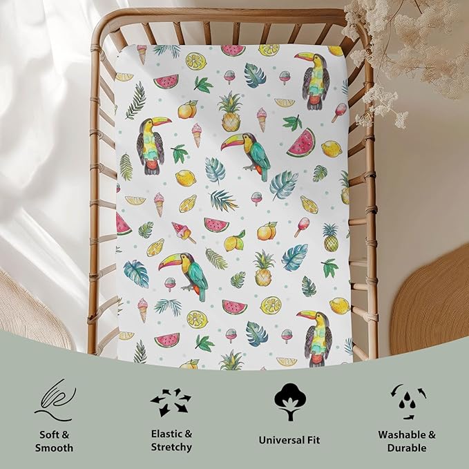 Toucan Tropical Flowers Leaves Baby Crib Sheets for Boy Girl 52"x28" Summer Birds Fruits Soft Snug Fitted Crib Mattress Cover Beach Vacation Baby Sheet for Standard Crib and Toddler Bed Mattresses