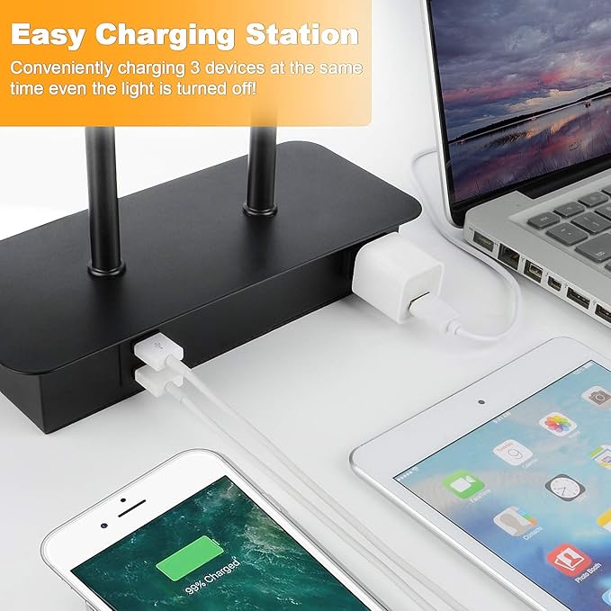 3-Way Dimmable Touch Control Table Lamp with USB Ports and AC Power Outlet Modern Bedside Nightstand Lamp Fabric Shade and Metal Base for Guestroom Bedroom Living Room LED Bulb Included Warm White