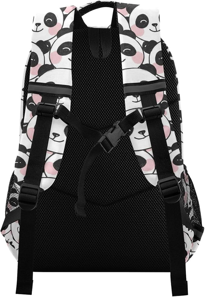 MNSRUU School Backpack with Chest Strap, Dot With Cute Panda Laptop Backpack, Travel Hiking Backpack for Boys Girls, Rucksack, Knapsack