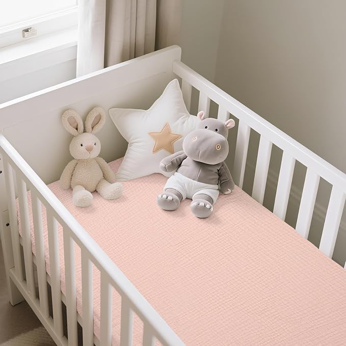 Baby Organic Fitted Crib Sheets 2 Pack 100% Organic Cotton Muslin 52x28 Inches, Ultra Breathable and Soft Sheet Fits All Standard Crib Mattress Sheet Neutral Toddler Bedding for Baby Boys Girls