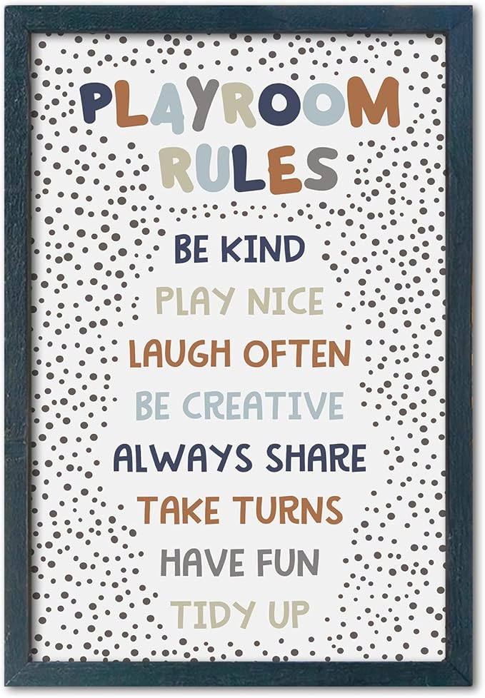 YWJKWLGS Playroom Rules Sign - Wood Framed Wall Art for Kids Room, Nursery, Toddler Bedroom or Playroom, 11x16 Inch Hanging Decor for Boys & Girls (Black)
