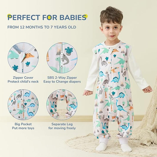 WONDAY Baby Sleep Sack with Feet, Toddler Wearable Blanket with Leg 0.5 Tog Sleeveless Sleep Sacks for Baby (Dino,5T-7T)