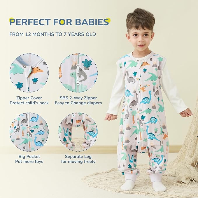 WONDAY Baby Sleep Sack with Feet, Toddler Wearable Blanket with Leg 0.5 Tog Sleeveless Sleep Sacks for Baby (Dino,3T-5T)