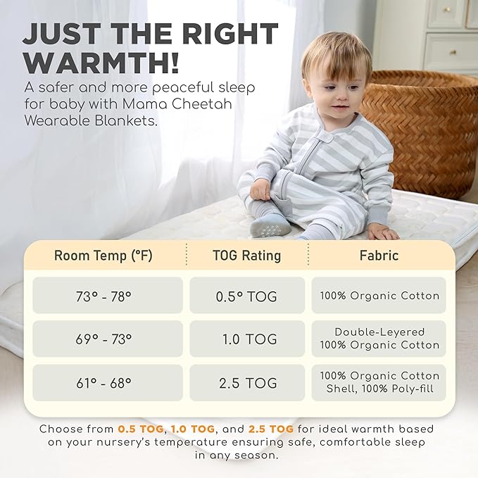 Mama Cheetah Toddler Sleep Sack with Feet, Long Sleeve 0.5 TOG Organic Cotton Baby Sleeping Bag with Legs, Wearable Blanket for Walkers w/ 2-Way Zipper, Toddler Blanket for Girls & Boys 6-18 M