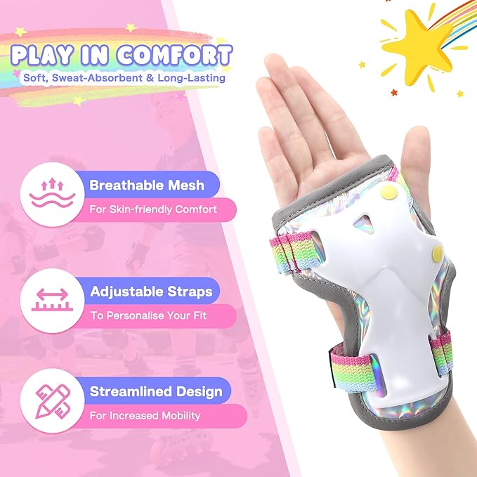 Knee Pads for Kids - ZOOBLISS Toddler Knee and Elbow Pads Set Wrist Guards for Skating Girls Aged 3-12, Kids Protective Gear for Roller Skates Skateboard Bike Scooter, Included Drawstring Bag(Rainbow)