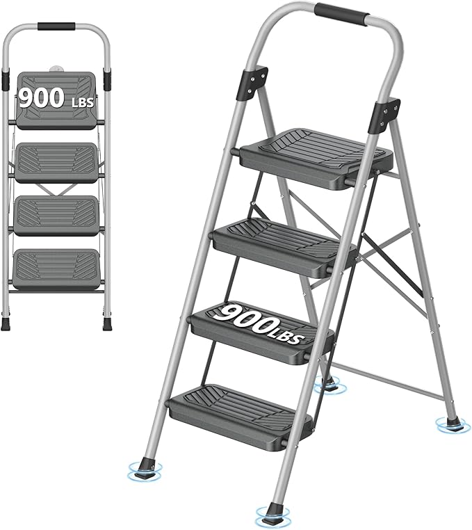 DIAMONDFORGE 4 Step Ladder, Folding Step Stool with Anti-Slip Wide Pedal, Soft Handle, Anti-Slip Feet, Sturdiest Steel Construction, 900lbs Capacity Steel Ladder for Home and Office, GrayBlack